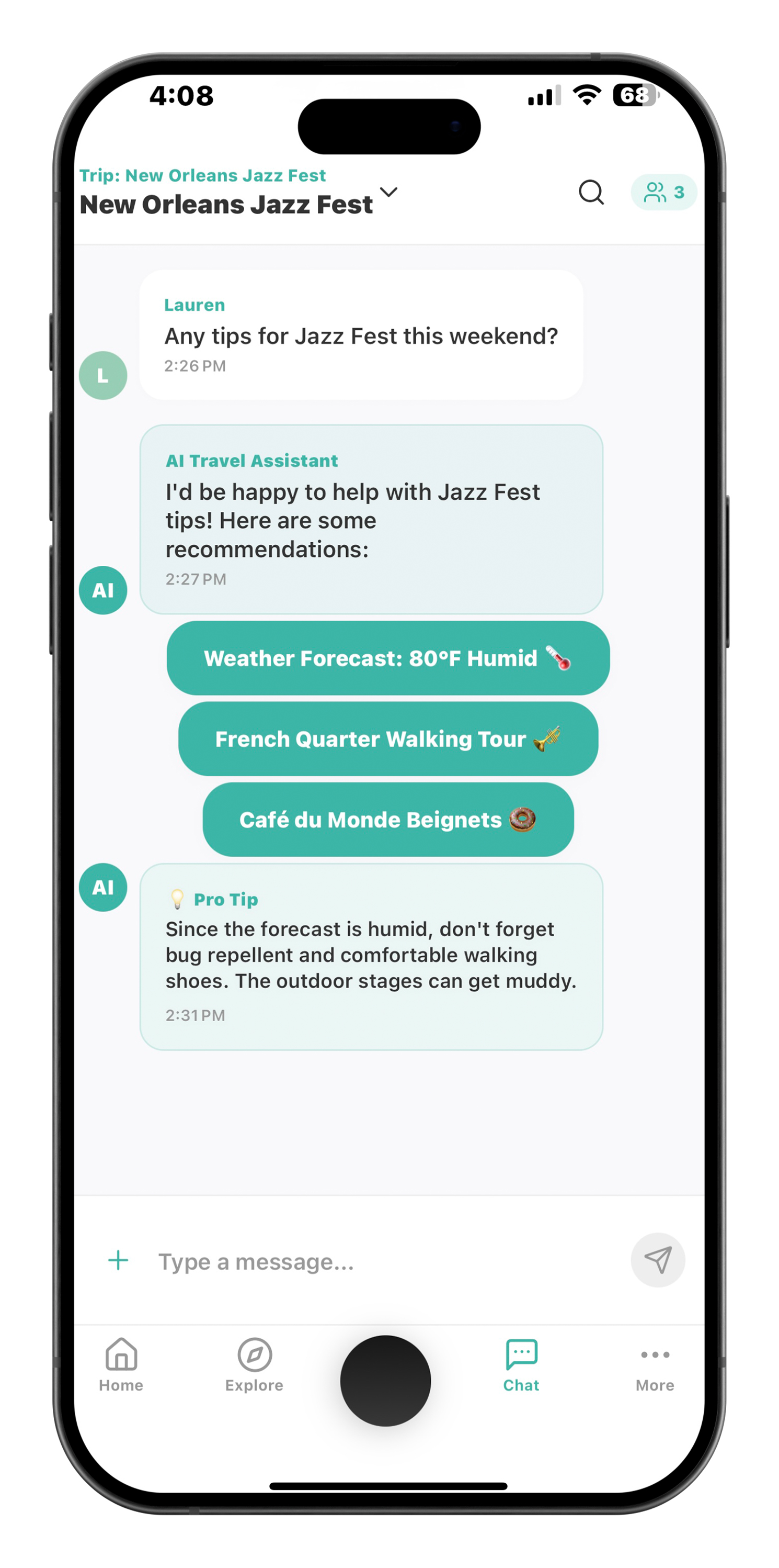 New Orleans Jazz Fest: AI assistant offering weather-aware recommendations for humid conditions with French Quarter walking tour and Café du Monde beignets suggestions